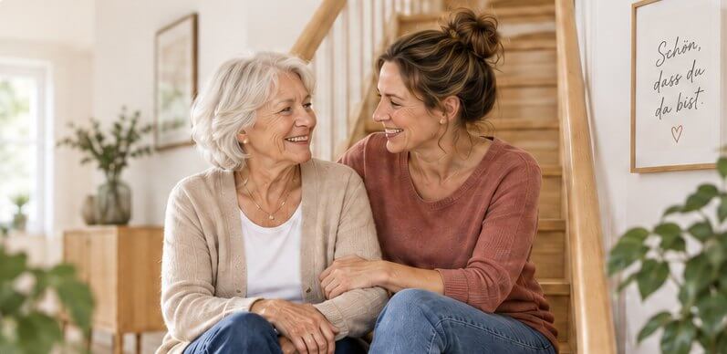 Eine ältere Frau und eine jüngere Frau im Gespräch in einem wohnlichen Zuhause